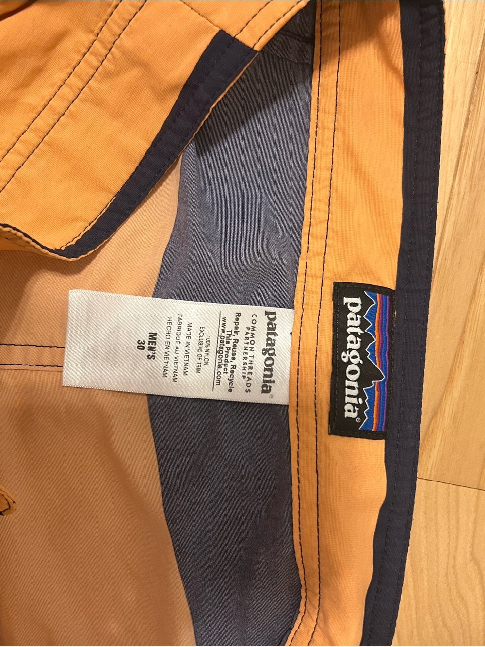 Patagonia Men's Orange & Navy Wide Stripe Board Shorts - Picture 3 of 3